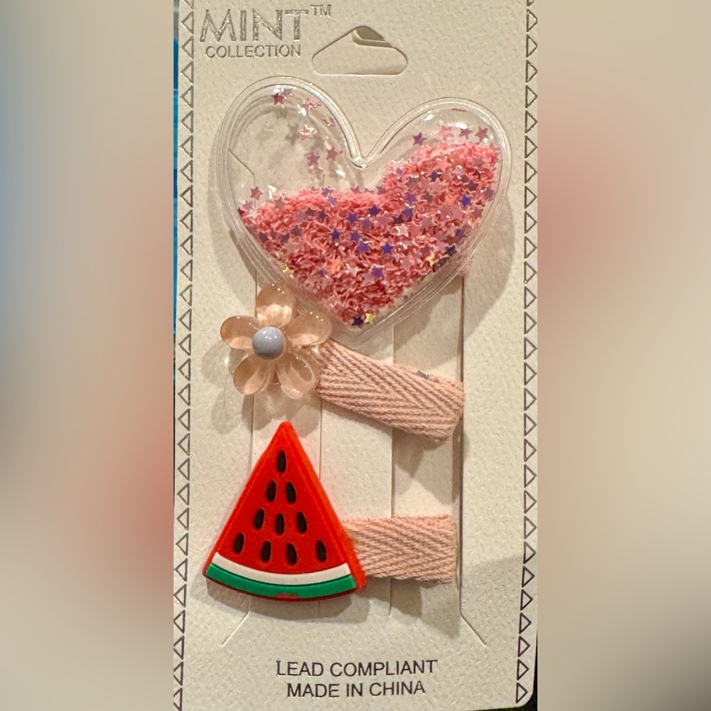Girls Set of 3 Hair Clips Puffy Heart Watermelon
